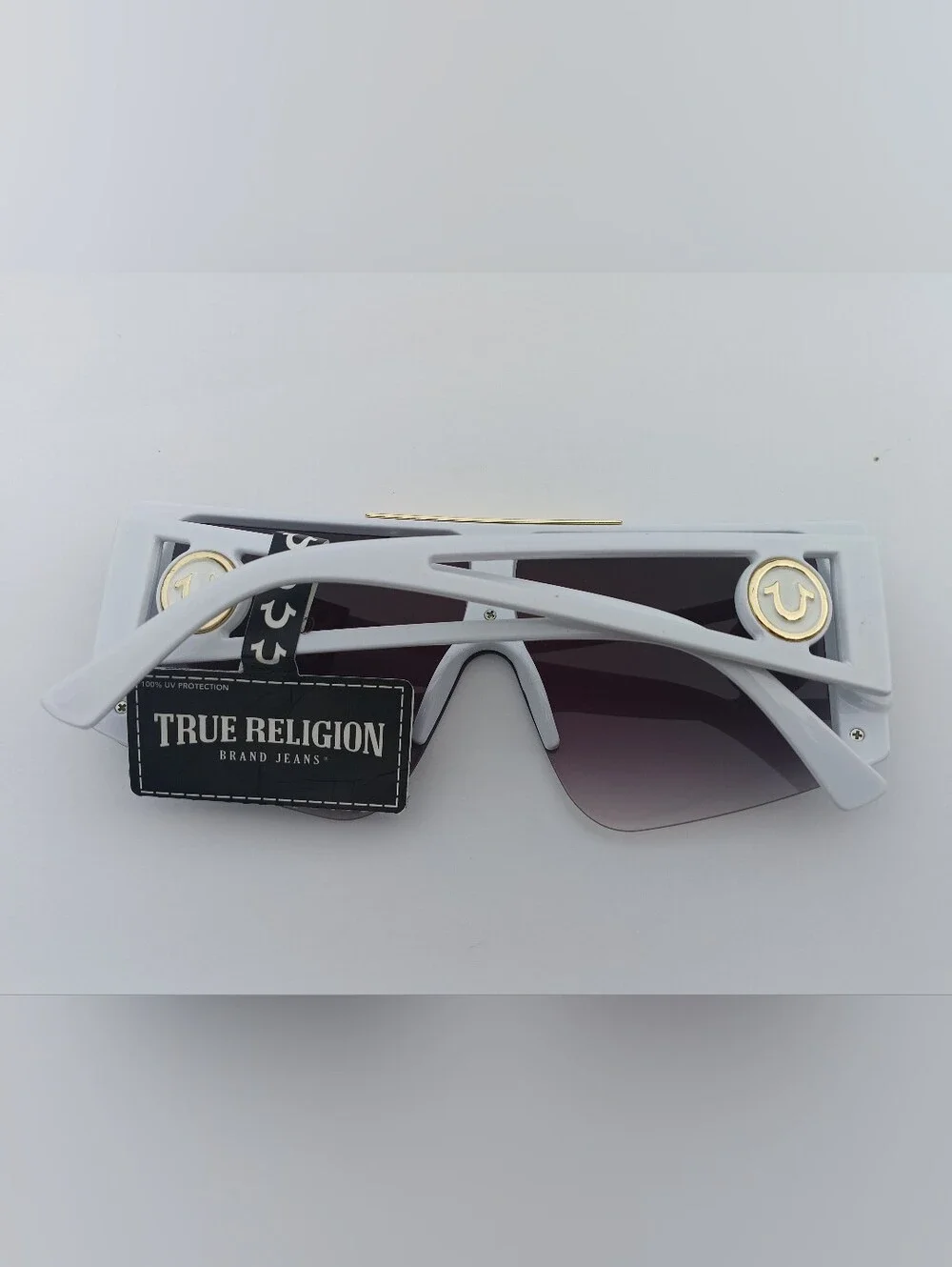 True Religion White Shield Sunglasses with Gold Accent and Purple Gradient Lens